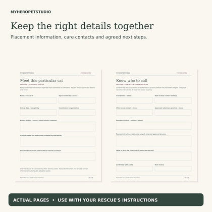 Cat Foster Care Planner real pages showing foster cat profile and rescue contact instructions