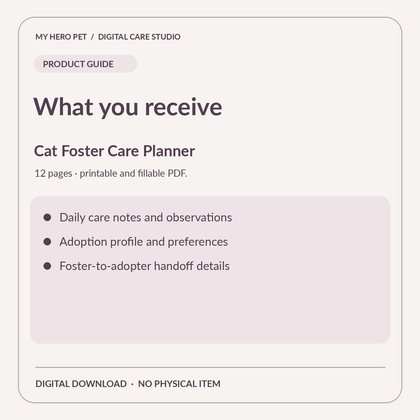 Information card for Cat Foster Care Planner: verified contents and digital download format