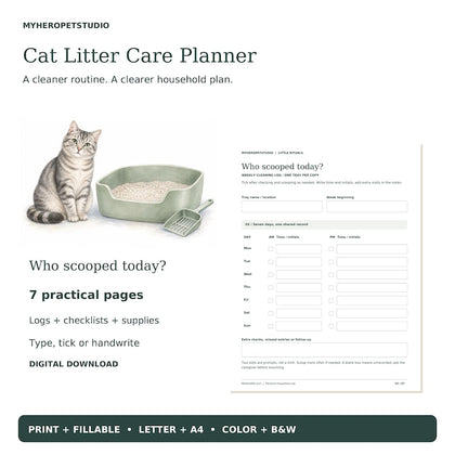Cat Litter Box Cleaning Planner weekly scooping schedule and actual worksheet