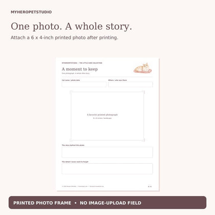 Cat Memory Journal actual photo keepsake printable page with 6 by 4 inch print space