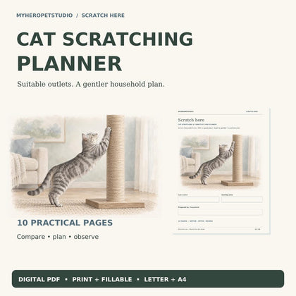 Cat Scratching Planner illustrated digital PDF page preview with scratching post