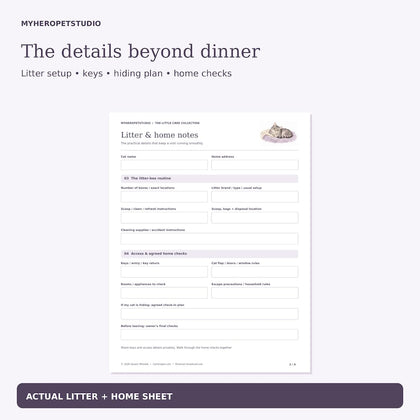 Cat Sitter Instructions printable litter and home care sheet preview