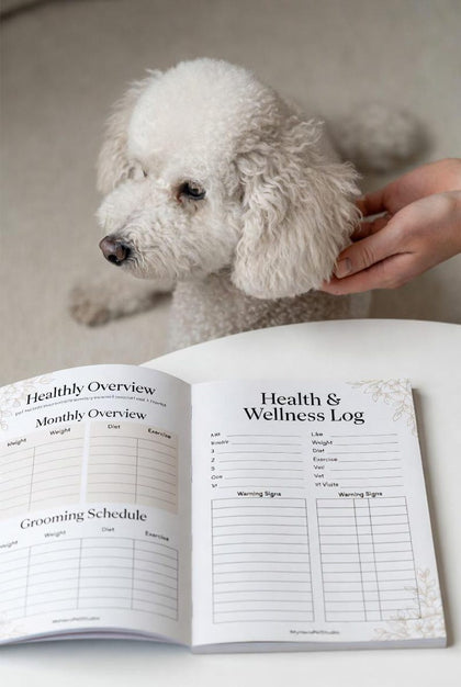 Daily Hero Dog Care System health and wellness journal example next to a dog