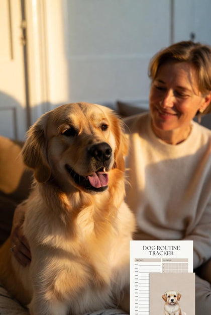 Daily Hero Dog Care System dog routine tracker shown beside a golden retriever