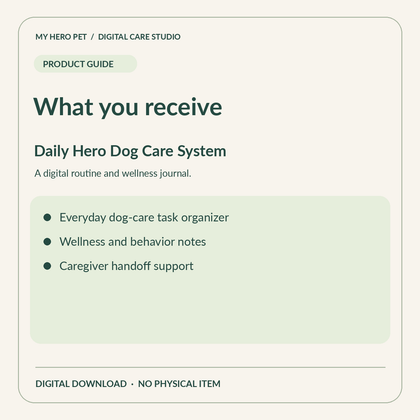 Information card for Daily Hero Dog Care System: contents and verified format