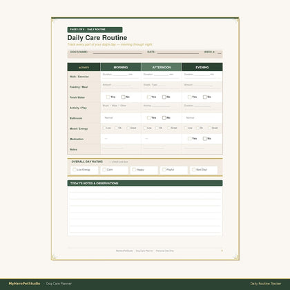 Dog Care Planner daily care routine PDF worksheet with meal, exercise and observation entries