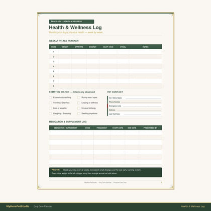 Dog Care Planner health and wellness log printable page with weekly observations and vet contact