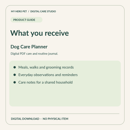 Information card for Dog Care Planner: contents and verified format
