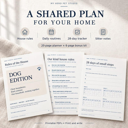 Dog House Rules printable daily routine and 28-day habit tracker page previews