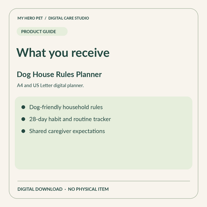 Information card for Dog House Rules Planner: contents and verified format