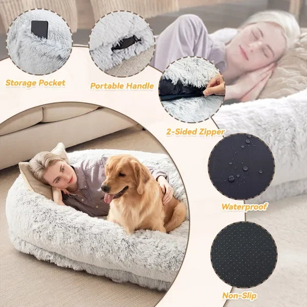 Human Dog Bed Large - Washable Faux Fur Orthopedic for People & Pets with Pillow, Blanket & Strap