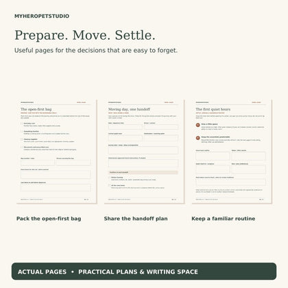 Moving With Cats Planner actual packing, handoff and settling-in page previews