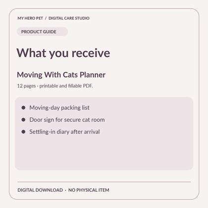 Information card for Moving With Cats Planner: contents and digital download details