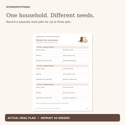 Multi-Pet Feeding Tracker printable separate meal plan for up to three household pets