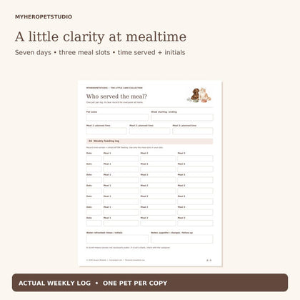 Multi-Pet Feeding Tracker weekly meal log with time served and caregiver initials