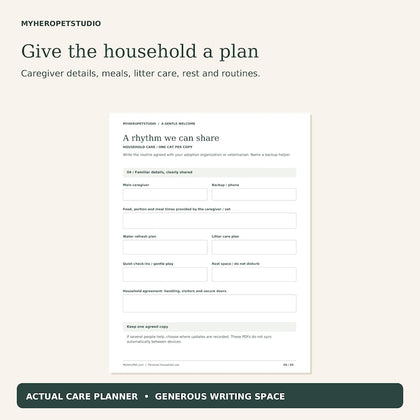New Cat Adoption Planner printable shared household care and routine worksheet