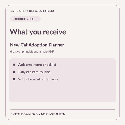 Information card for New Cat Adoption Planner: contents and format