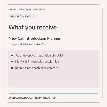 Information card for New Cat Introduction Planner: contents and digital download details
