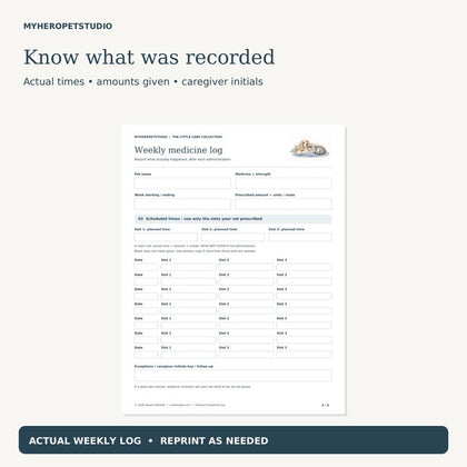 Pet Medication Tracker weekly administration log showing actual times and caregiver notes