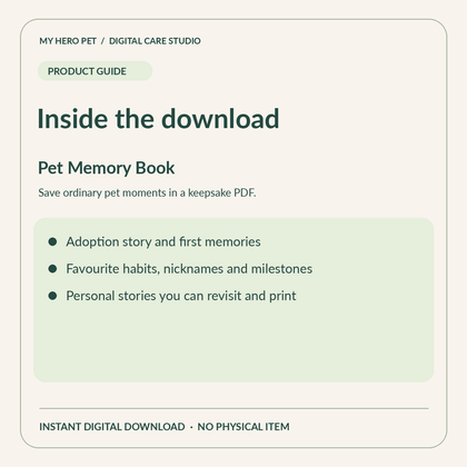 Pet Memory Book digital PDF guide image listing adoption memories, favourite habits, nicknames and milestone sections