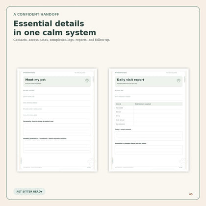 Pet Sitter Care Binder printable pet profile and sitter daily visit report example