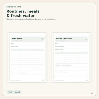 Pet Sitter Care Binder inside pages with daily routines and meals and fresh water forms