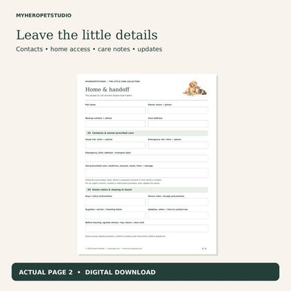 Pet Sitter Instructions printable home and handoff page with veterinary and contact information