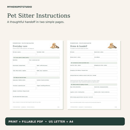 Two-page Pet Sitter Instructions printable everyday care and home handoff forms