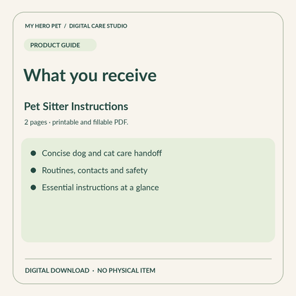Information card for Pet Sitter Instructions: contents and format