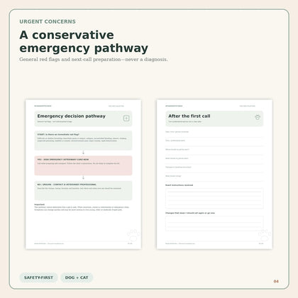 Pet Symptom and Vet Visit Planner conservative emergency contact pathway actual page preview
