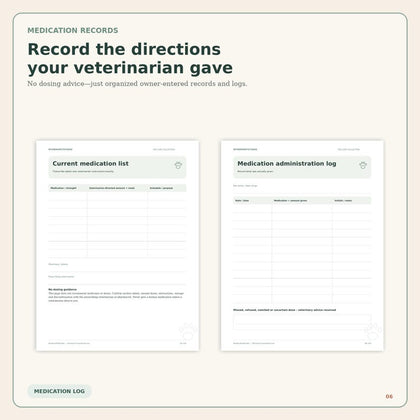 Pet Symptom and Vet Visit Planner medication list and administration log page preview