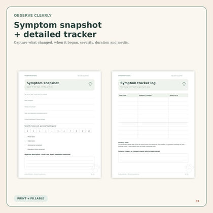 Pet Symptom and Vet Visit Planner two actual printable symptom record sheets