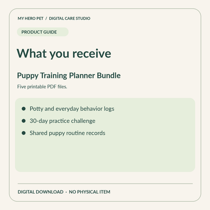 Information card for Puppy Training Planner Bundle: contents and verified format