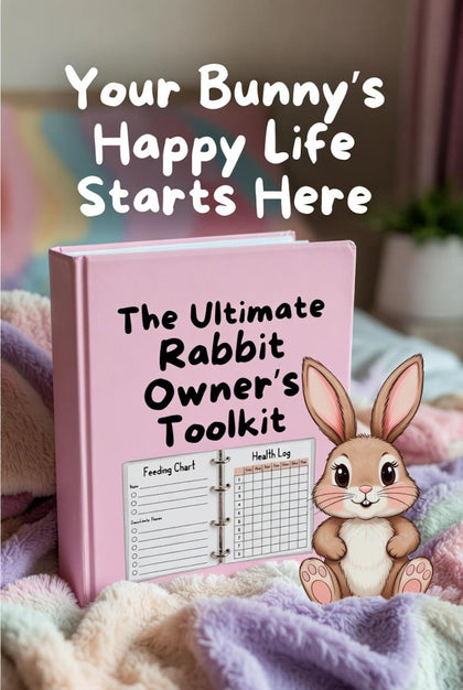 Rabbit Owner’s Toolkit Etsy promotional binder mockup illustrating feeding and health sheets; digital download only