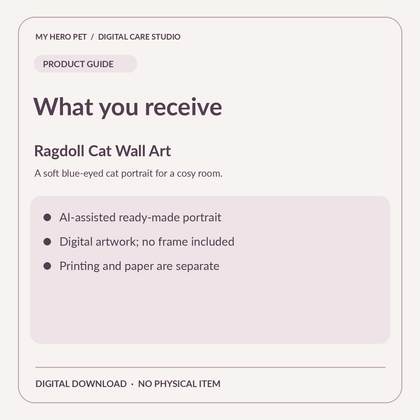 Information card for Ragdoll Cat Wall Art: verified contents and digital download format