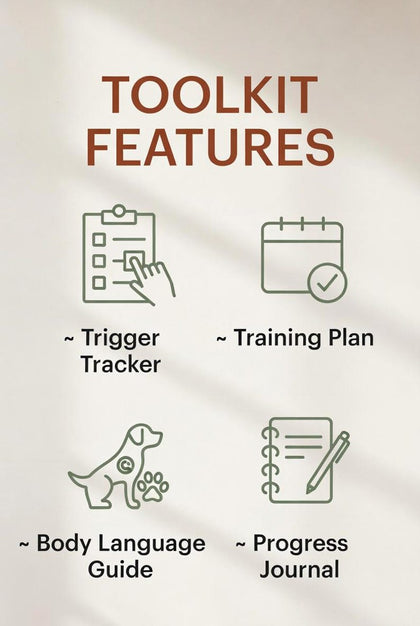 Reactive Dog Training Toolkit features including trigger tracker, training plan, body language guide and progress journal