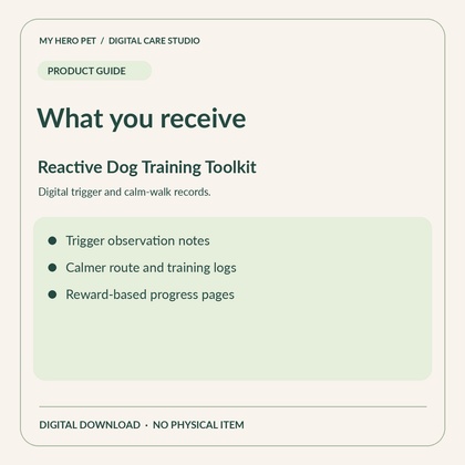 Information card for Reactive Dog Training Toolkit: contents and verified format