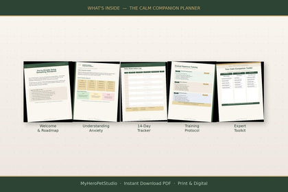 Calm Companion Planner five inside digital PDF pages showing 14-day tracker and gradual departures