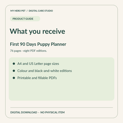 Information card for The First 90 Days Puppy Planner: contents and format