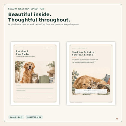 Pet Sitter Care Binder premium illustrated inside cover and thank you pages