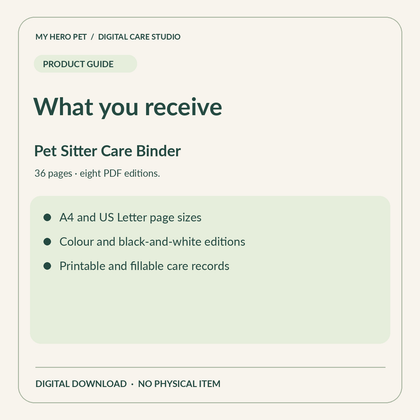 Information card for The Pet Sitter Care Binder: contents and verified format
