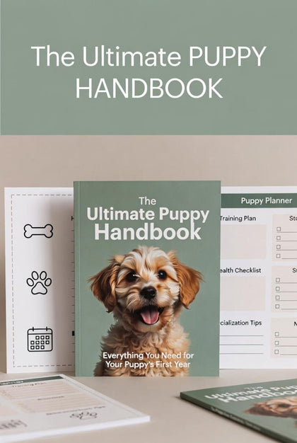Ultimate Puppy Handbook digital PDF promotional mockup showing cover alongside sample planner sheets